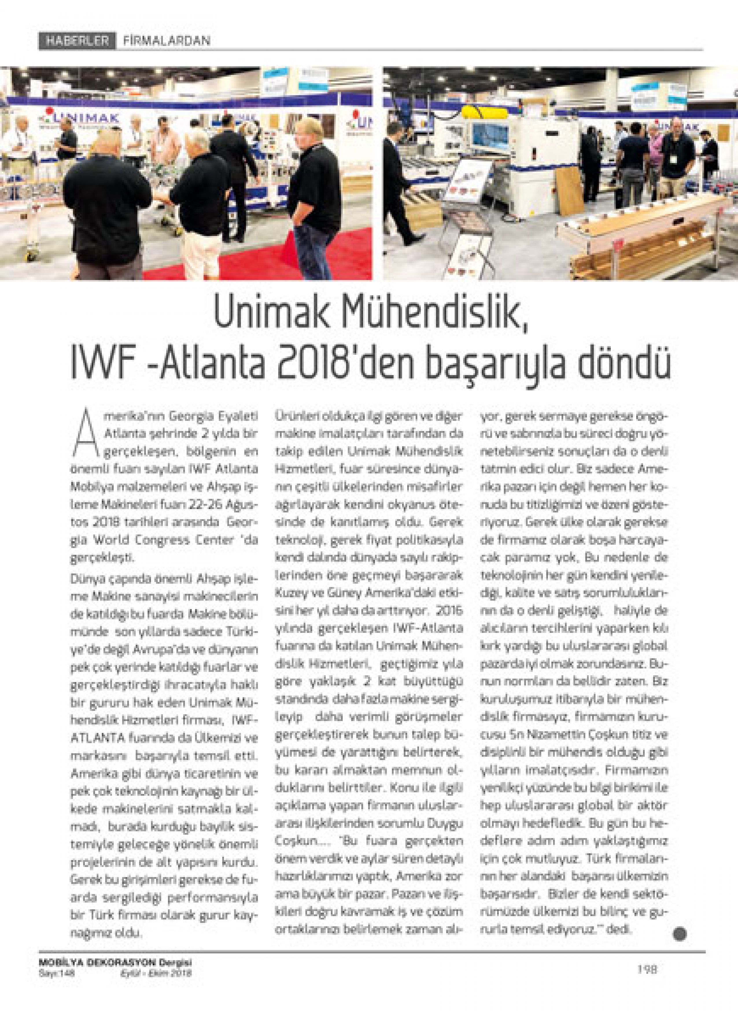 Unimak Mühendislik, IWF -Atlanta 2018’den başarıyla döndü